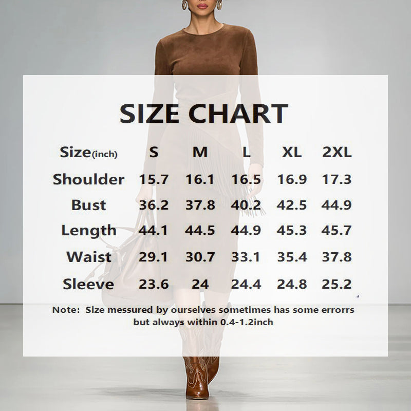 Women's Vintage Western Suede-Look Maxi Dress Boho Fringe & Waist Ruffle Detail Bodycon Gown