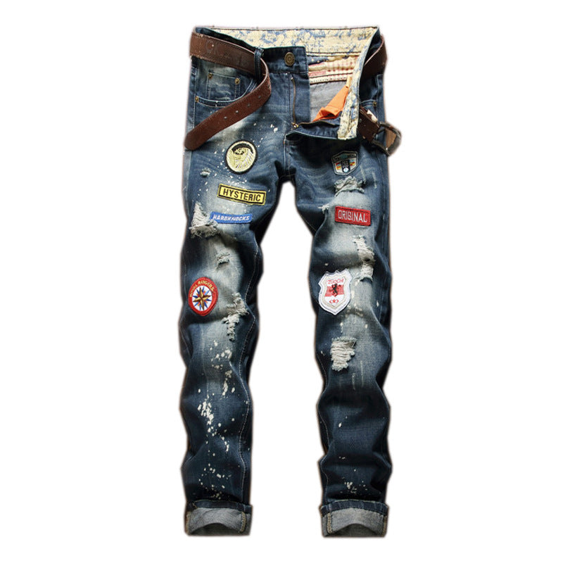 Men's Denim Patchwork Splash Ink Design Hip-Hop Ripped Skinny Jeans