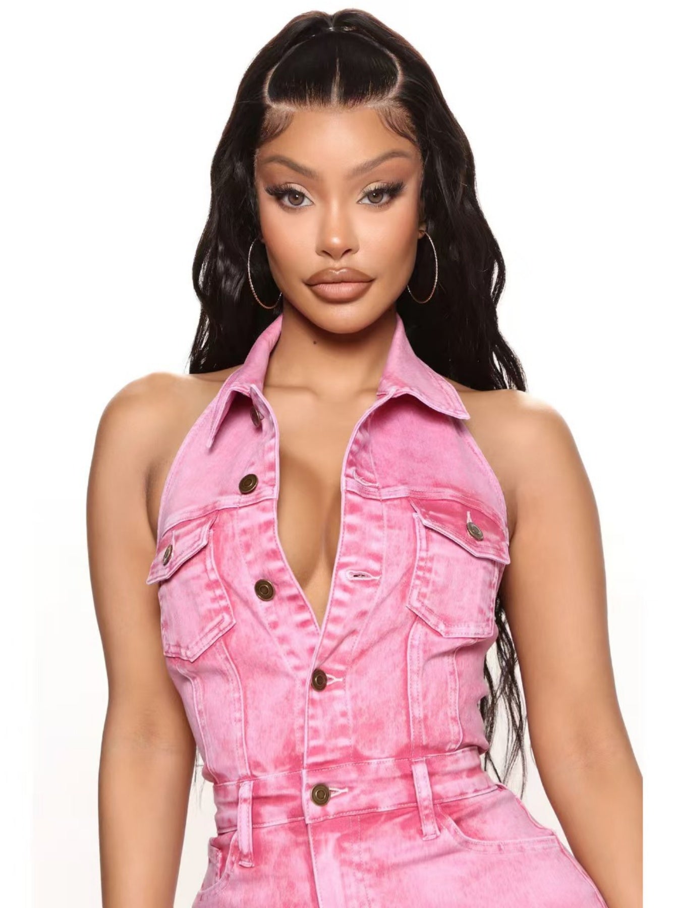 Sleeveless Pink Denim Backless Button Front Turn-Down Collar Jeans Jumpsuit