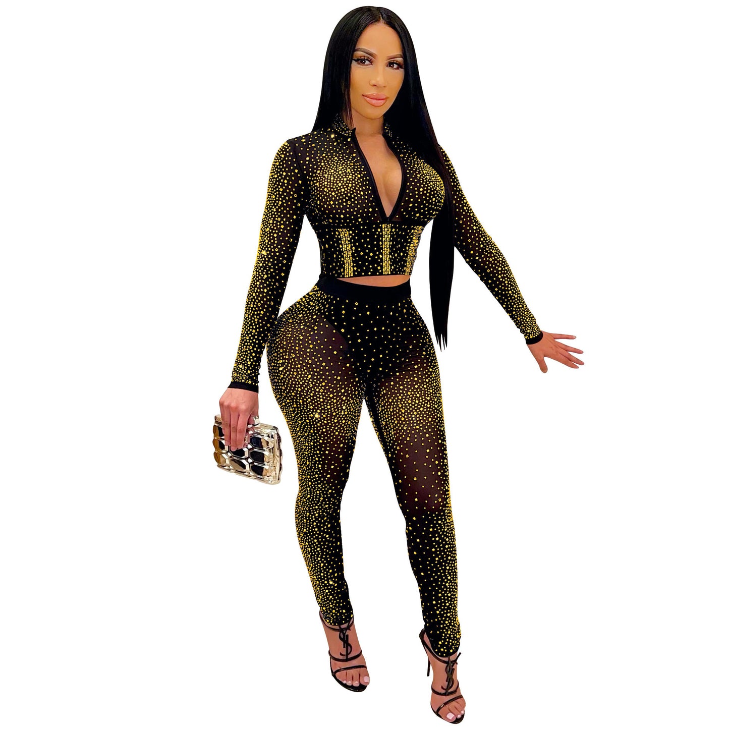 Geometric Hot Drill Sparkling Rhinestone Sheer Transparent Mesh Long Sleeve V-Neck Crop Top + Leggings 2-Piece Set