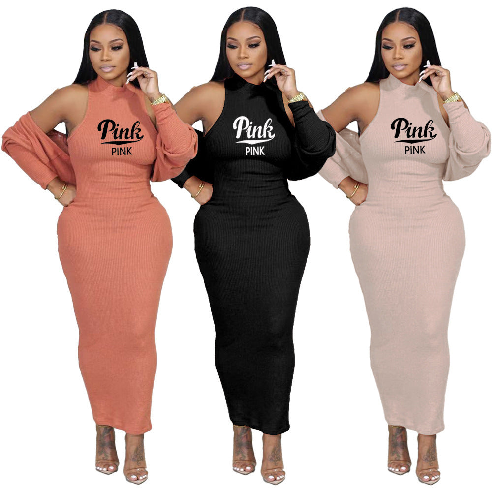 "Pink" Ribbed Knitted Women's Cardigan + Sleeveless Maxi Dress 2-Piece Set