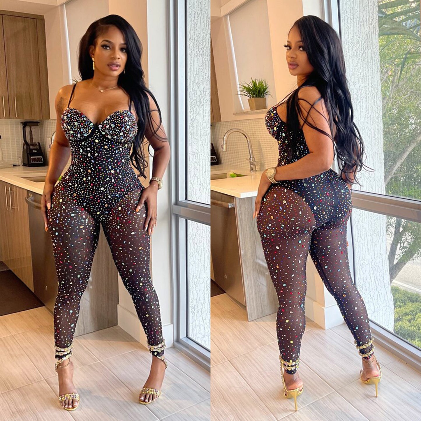 Mesh Rhinestone Embellished Transparent Corset Top Spaghetti Strap Women's Skinny Party Jumpsuit