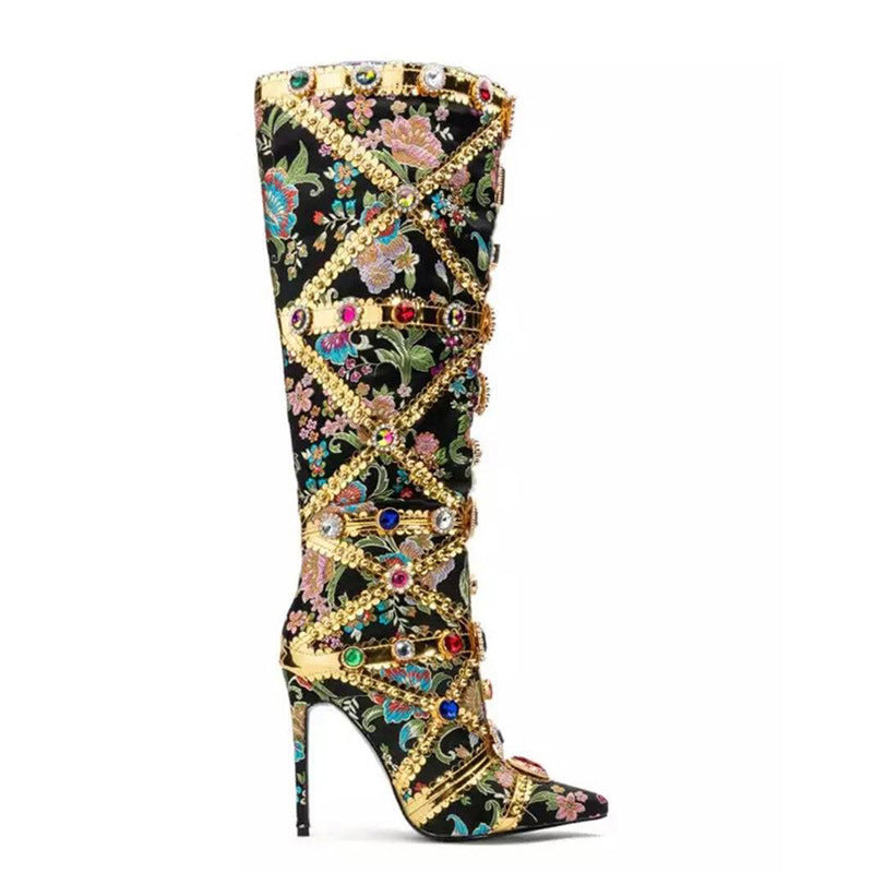 Rhinestone Metallic Floral Black-Gold/Hot Pink Stiletto Heel Knee-High Women's Gladiator Boots