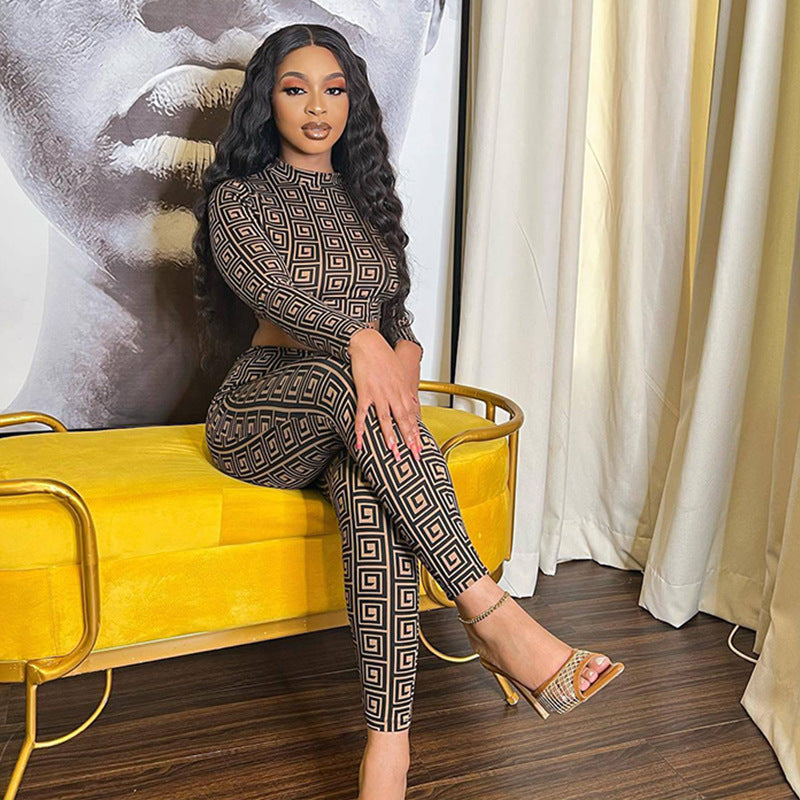 Geometric Print Women's Long Sleeve Crop Top + Skinny Leggings 2-Piece Set