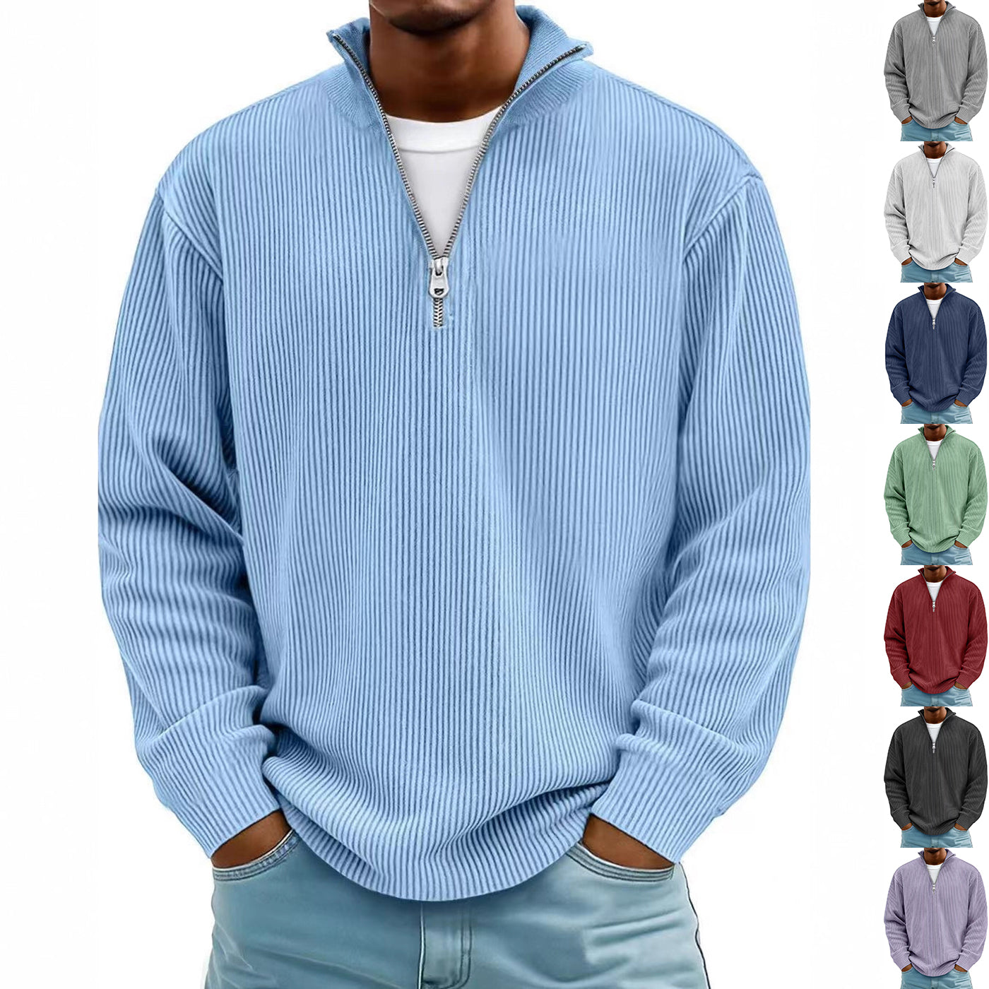 Men's Corduroy Stand Collar Solid Color Long Sleeve Quarter Zip Sweatshirt