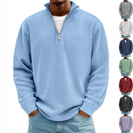 Men's Corduroy Stand Collar Solid Color Long Sleeve Quarter Zip Sweatshirt