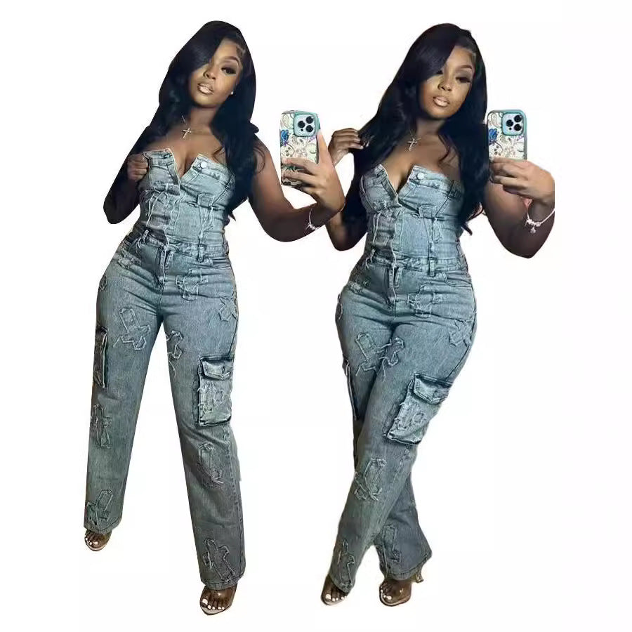 Denim Sky Blue  Stonewashed Faded V-Slit Sleeveless Embroidered Tube Top Women's Cargo Pocketed Jeans Jumpsuit