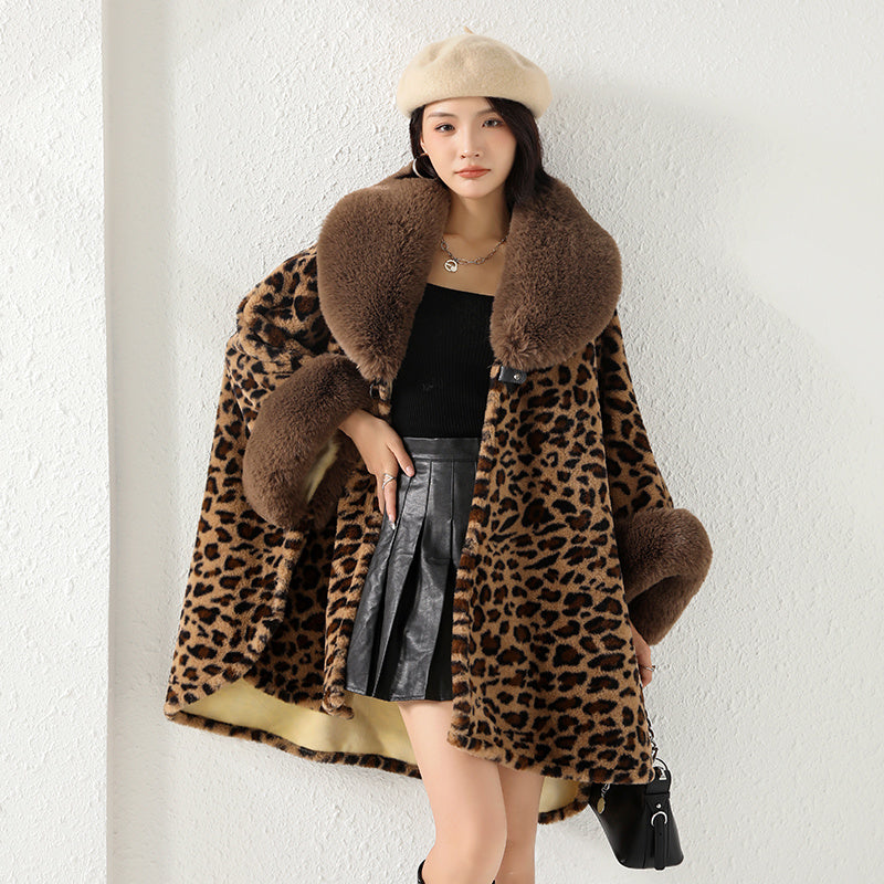Oversized Faux Fur Collar Zebra/Cowhide/Leopard Print Black/White Women's Shawl Coat