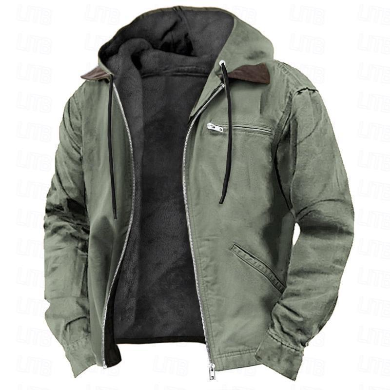 Men's Hooded Pocketed Warm Fleece Lined Zipper Jacket