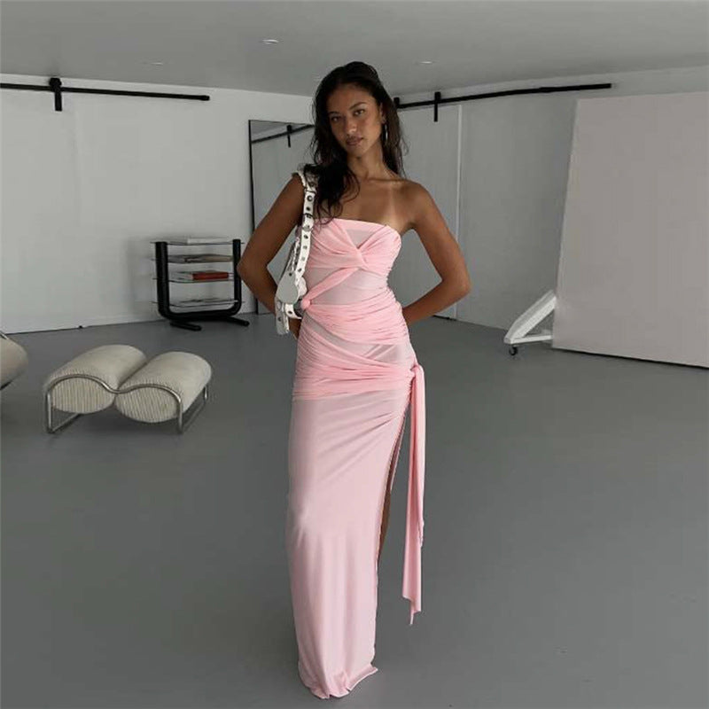 Soft Pink Sleeveless Sheer Transparent Criss-Cross Backless High Side Slit Solid Color Maxi Tube Dress