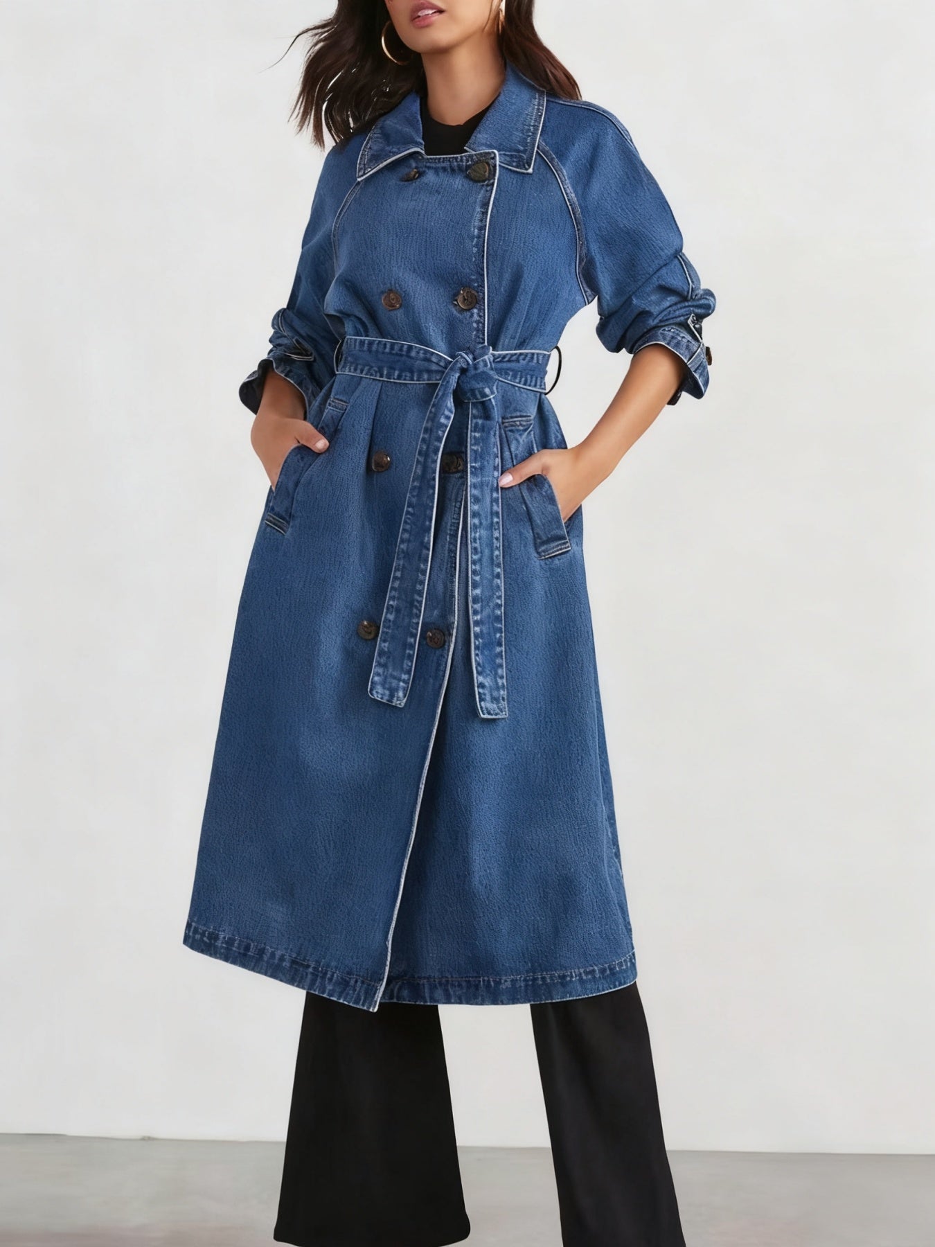 Denim Button Front Double Breasted Women's Long Sleeve Lace-Up Windbreaker Jean Trenchcoat