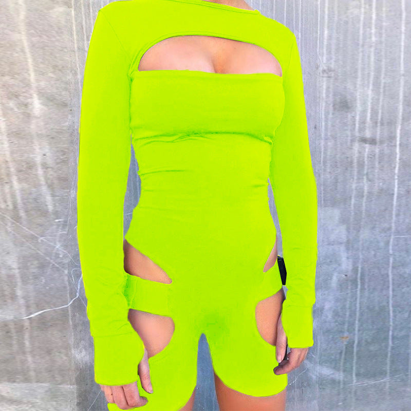 Hollow-Out Adjustable Buckle Long Sleeve Women's Shorts Romper