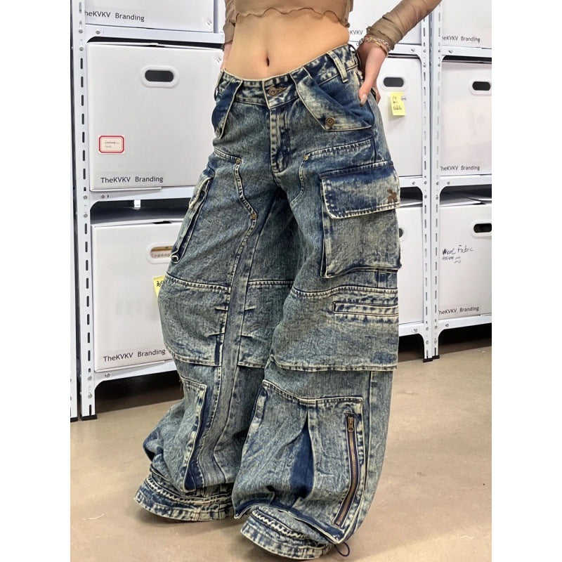 Faded Denim Baggy Multi-Pocketed Reverse Zipper Design Women's Hip-Hop Streetwear Cargo Jeans to 4X Plus Size