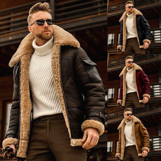 Men's PU Leather Fleece Lined Faux Fur Collar Jacket