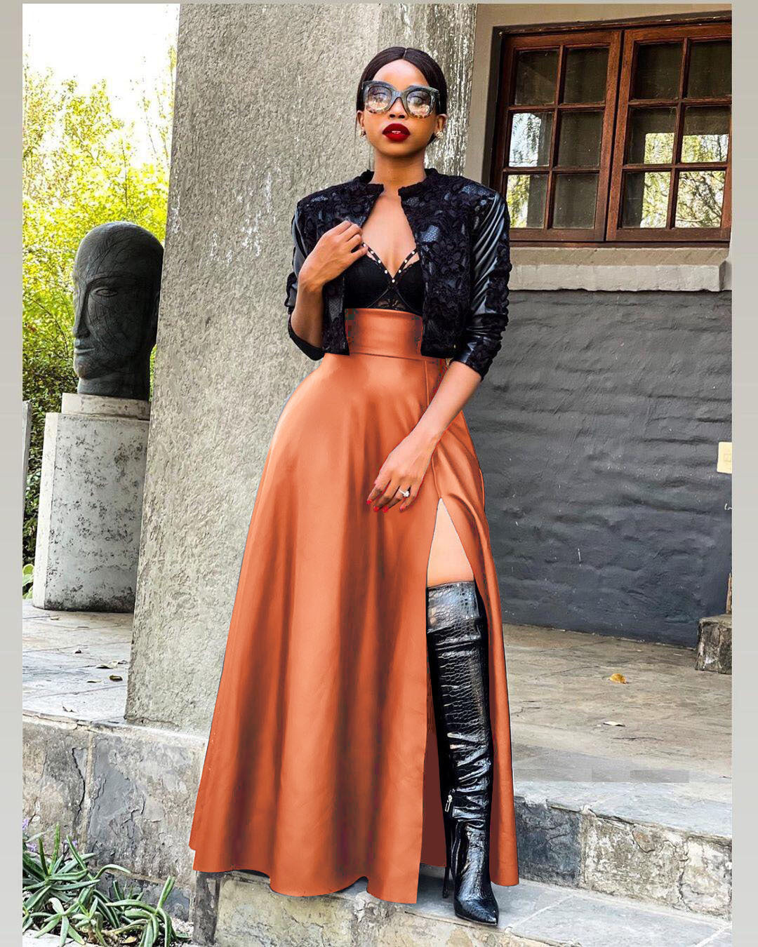 PU Leather Solid Color Women's High Slit Irregular Maxi Skirt
