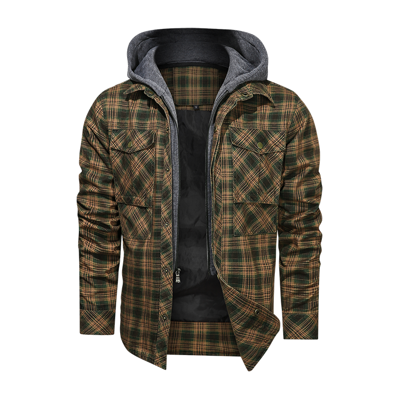 Layered Plaid Men's Fleece Detachable Slim Fit Hoodie Jacket