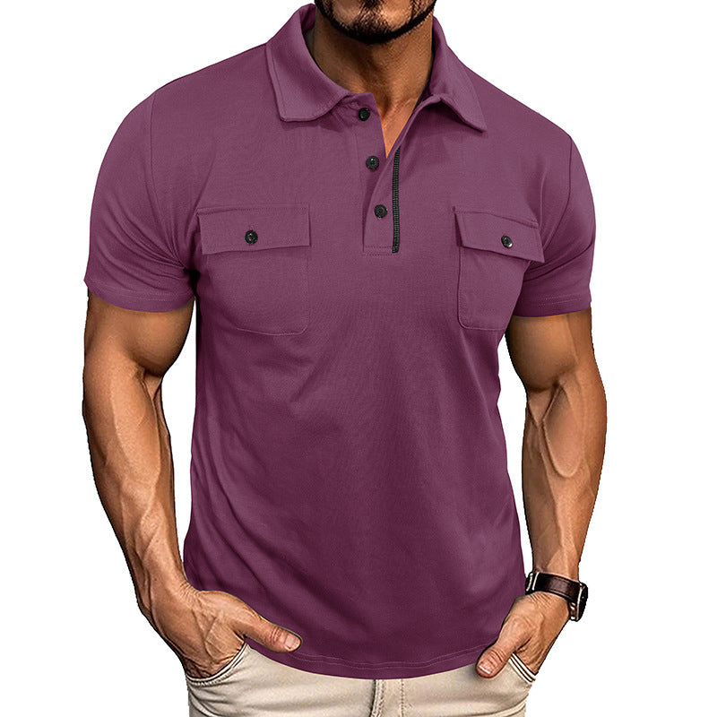 Men's Double Pocket Solid Color Button-Up Turn-Down Collar Polo Shirts