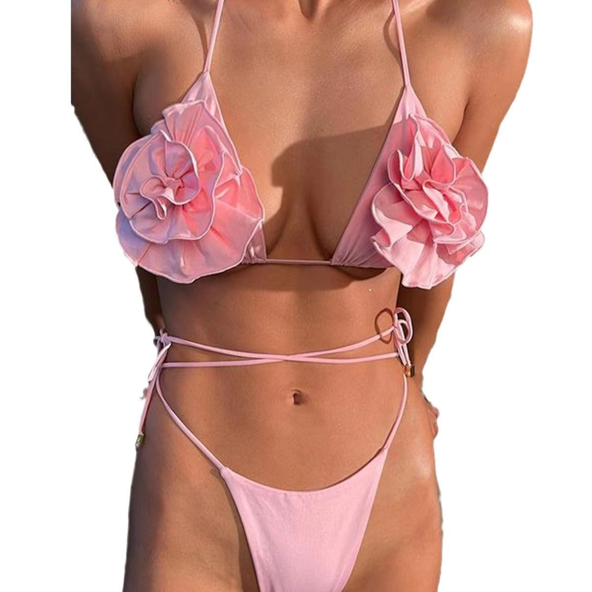 Pink 3D Rose Flower  Halter Women's 2-Piece Bikini Swimsuit
