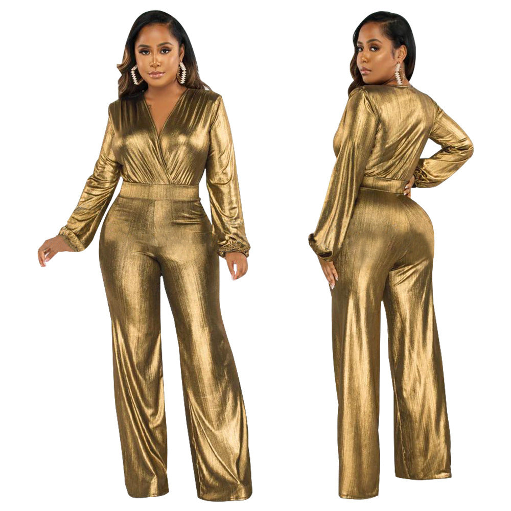 Faux Leather Shiny Ruched Metallic V-Neck Long Lantern Sleeve Women's Formal Jumpsuit