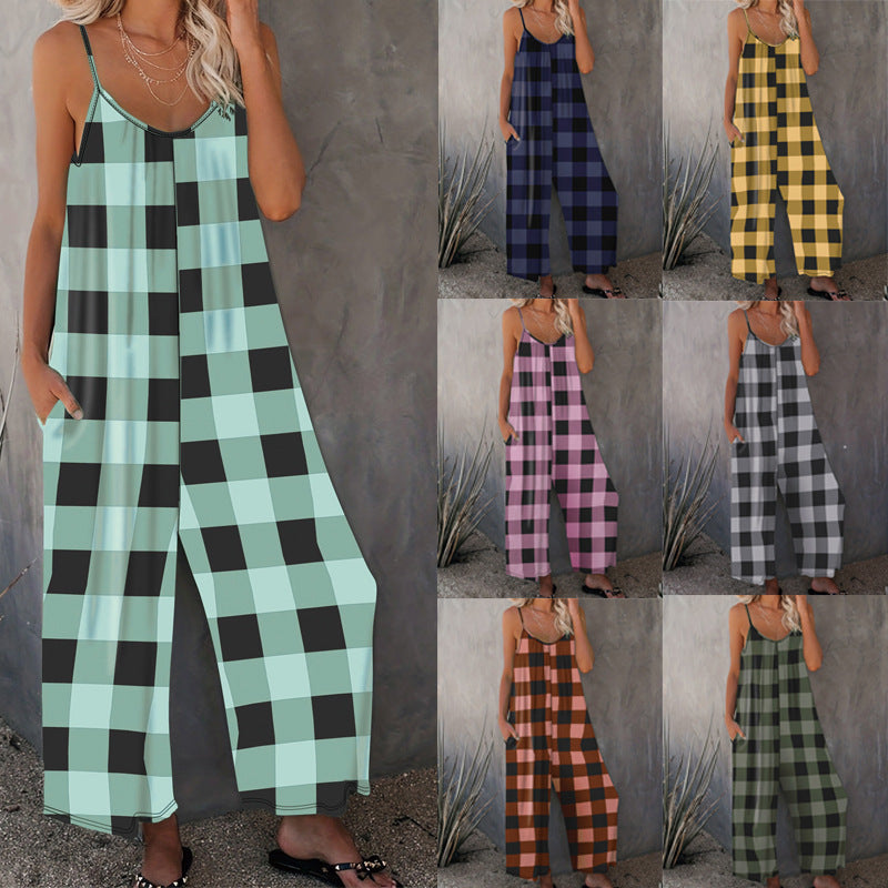 Checker Plaid Colorblock Women's Sling Spaghetti Strap Wide Leg Jumpsuit to 5X Plus Size