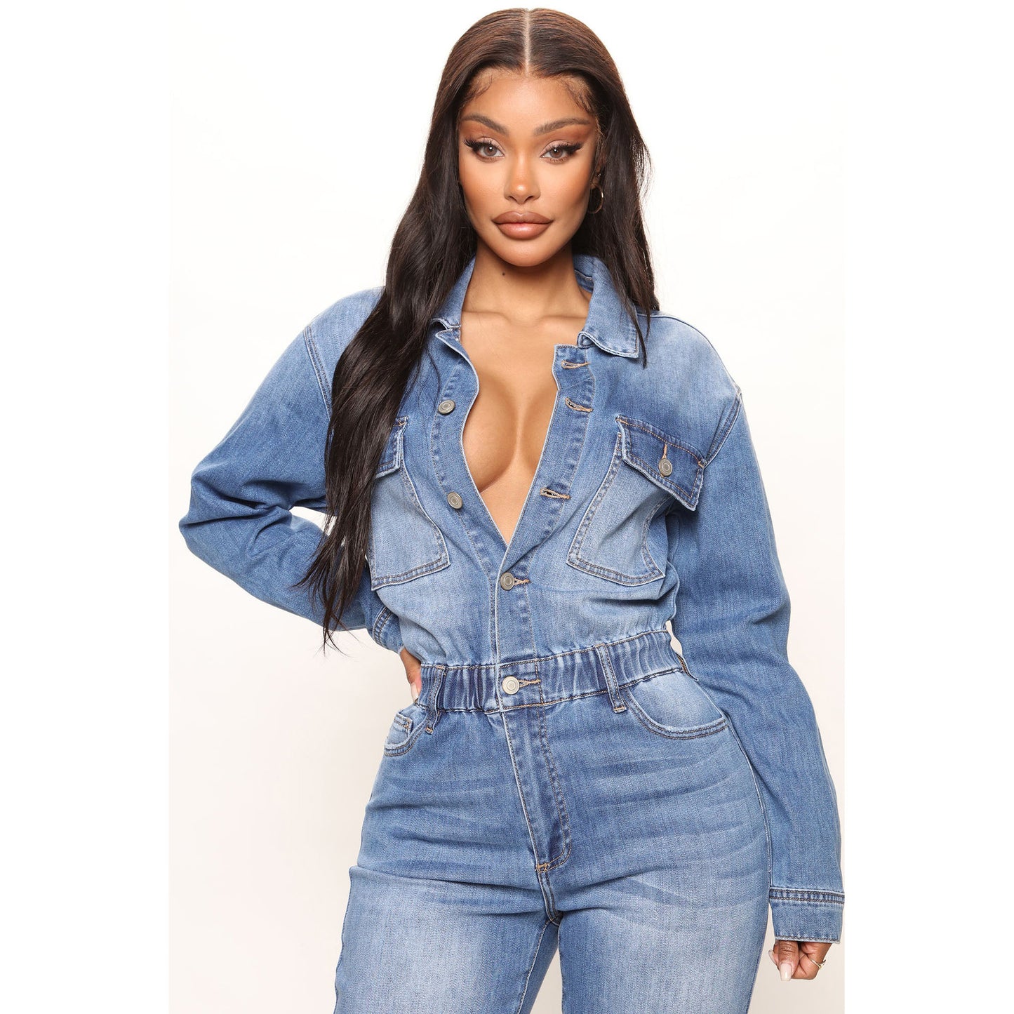 Denim Light Blue Gradient Faded Washed Button-Up Long Sleeve Elastic Waist Women's Jeans Jumpsuit