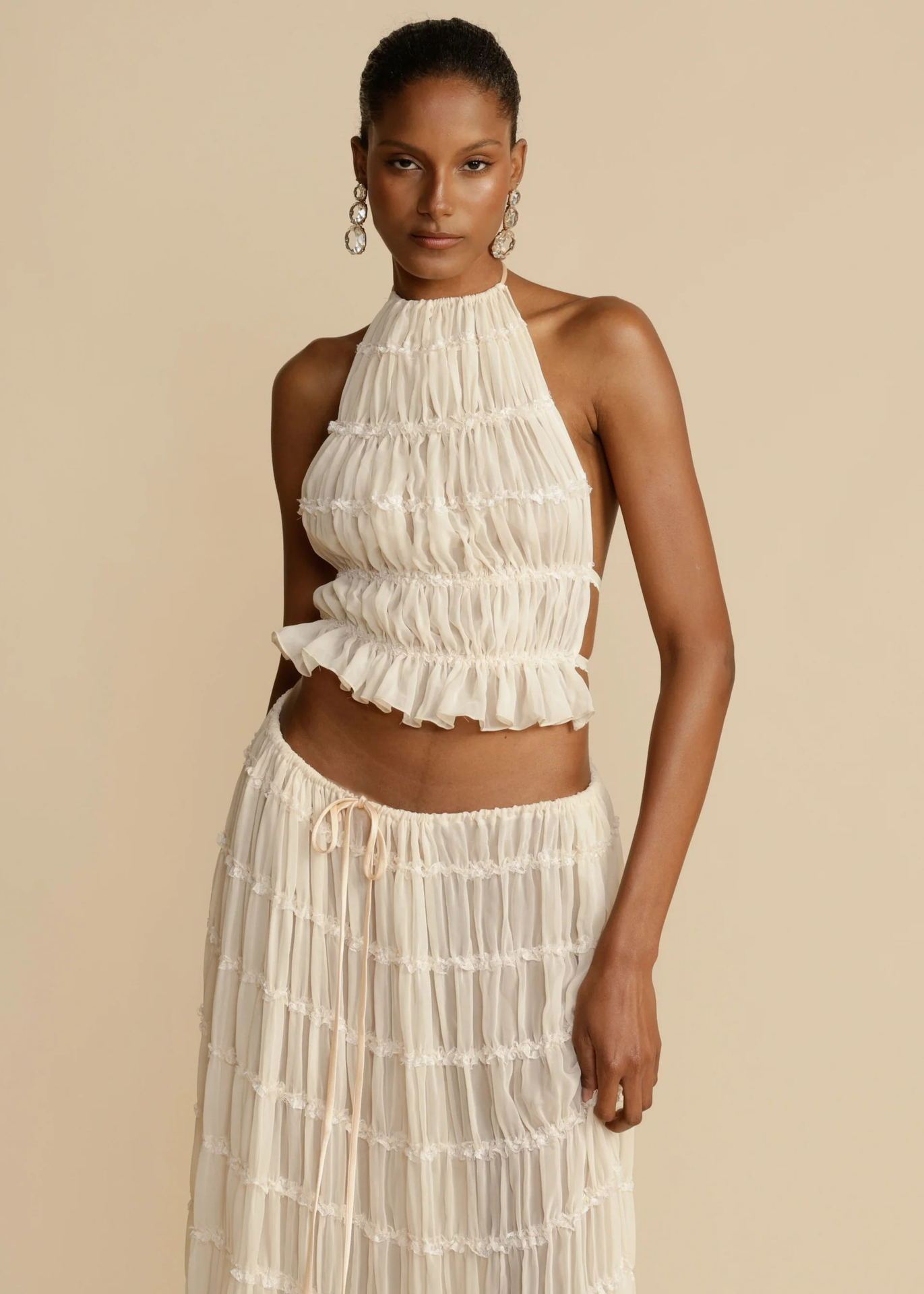 Sleeveless Backless Crop Halter Top + Pleated Tiered Maxi Skirt Beach 2-Piece Set
