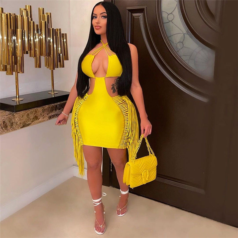 Sleeveless Tassel Fringe Design Halter Backless Hollow-Out Skinny Mini Dress