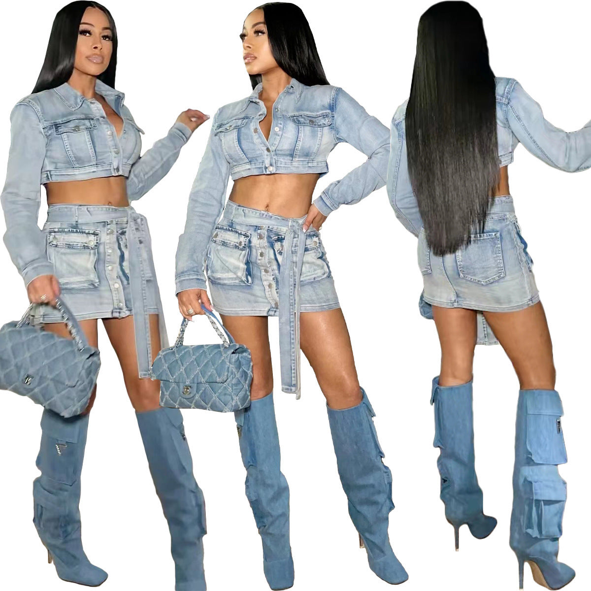 Faded Washed Light Blue Denim Crop Jean Jacket + Cargo Pocketed Mini Jean Skirt Women's 2-Piece Set
