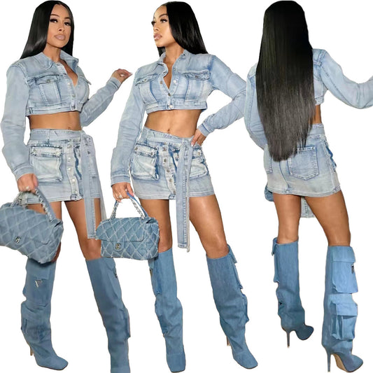 Faded Washed Light Blue Denim Crop Jean Jacket + Cargo Pocketed Mini Jean Skirt Women's 2-Piece Set