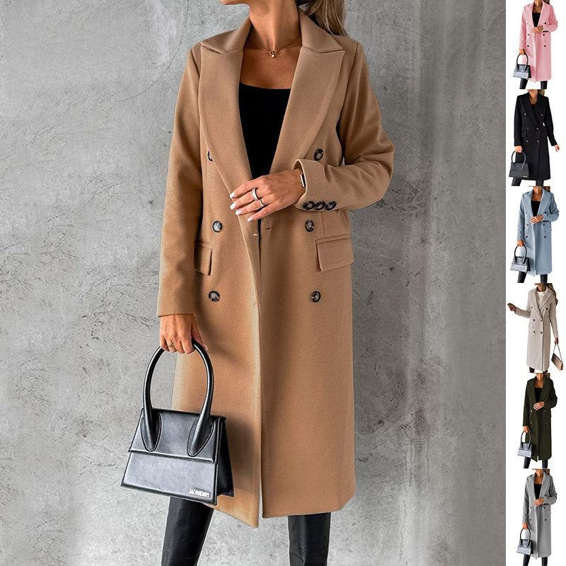 Double Breasted Button-Up Women's Solid Color Pocketed Trenchcoat to 3X Plus Size