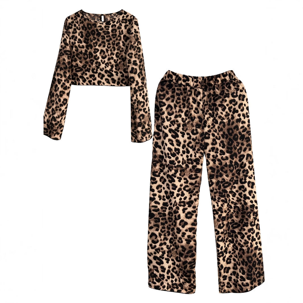 Leopard Print O-Neck Flared Sleeve Crop Blouse + Elastic Waist Pants Women's 2-Piece Set