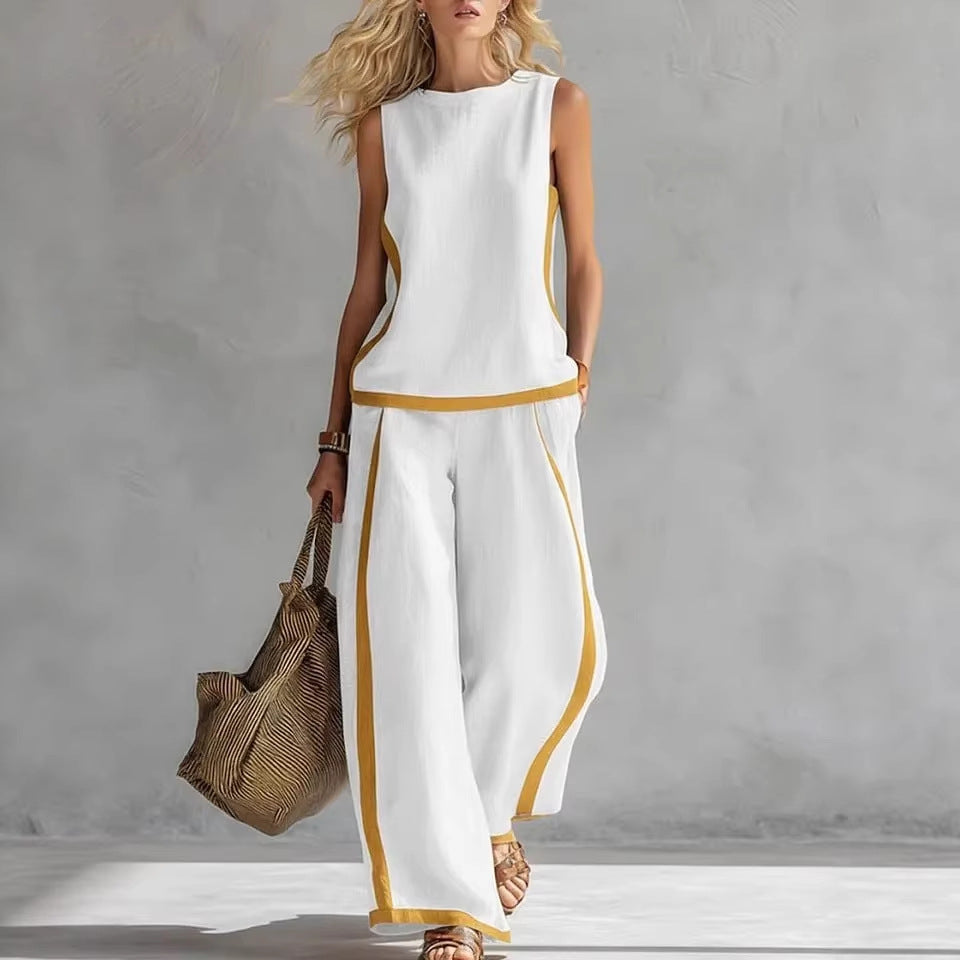 Side Striped Sleeveless Women's Top + High Waist Loose Wide Leg Pants 2-Piece Set to 3X Plus Size