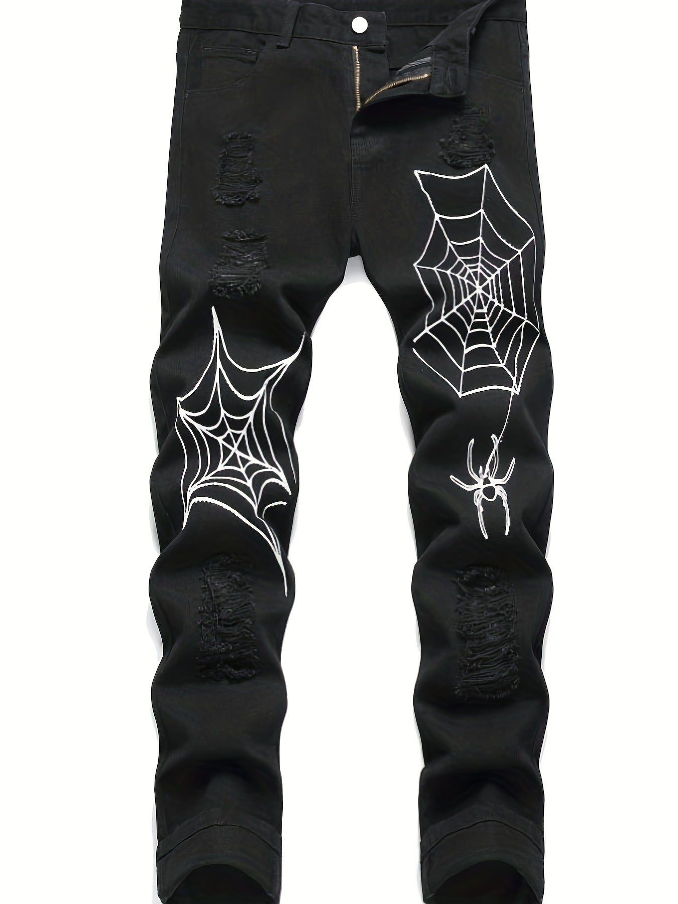 Men's Ruched Spider Web Print Hip-Hop Straight Leg Skinny Jeans