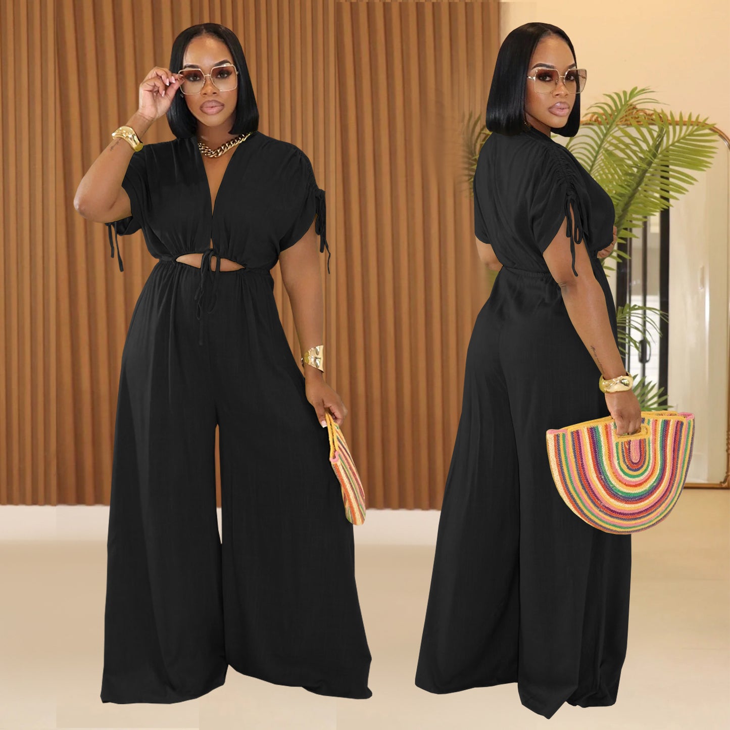 Drawstring V-Neck Solid Color Women's Casual Lace-Up Elastic Waist Wide Leg Jumpsuit