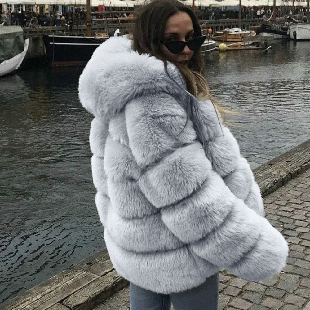 Oversized Ribbed Solid Color Faux Fur Women's Hoodie Jacket to 4X Plus Size