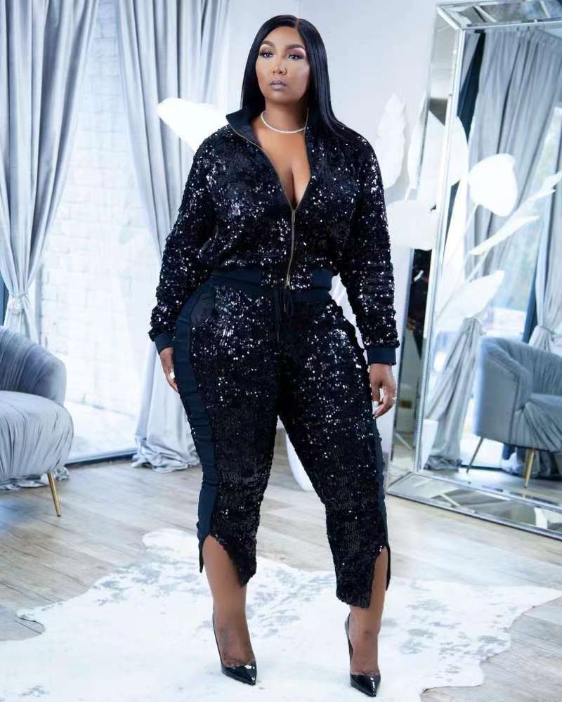 Sparkling Sequin Glitter Women's Zipper Jacket + Split Leg Pants Tracksuit to 3X Plus Size