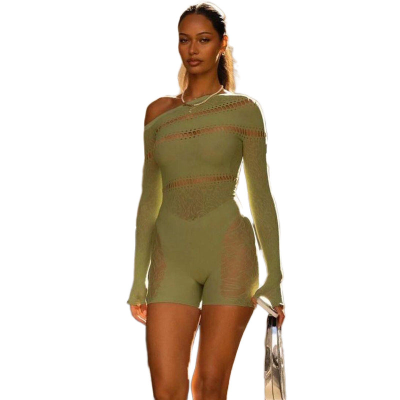 Mesh Transparent Hollow-Out Asymmetrical One Shoulder High Waist Long Sleeve Women's Stretch Shorts Romper