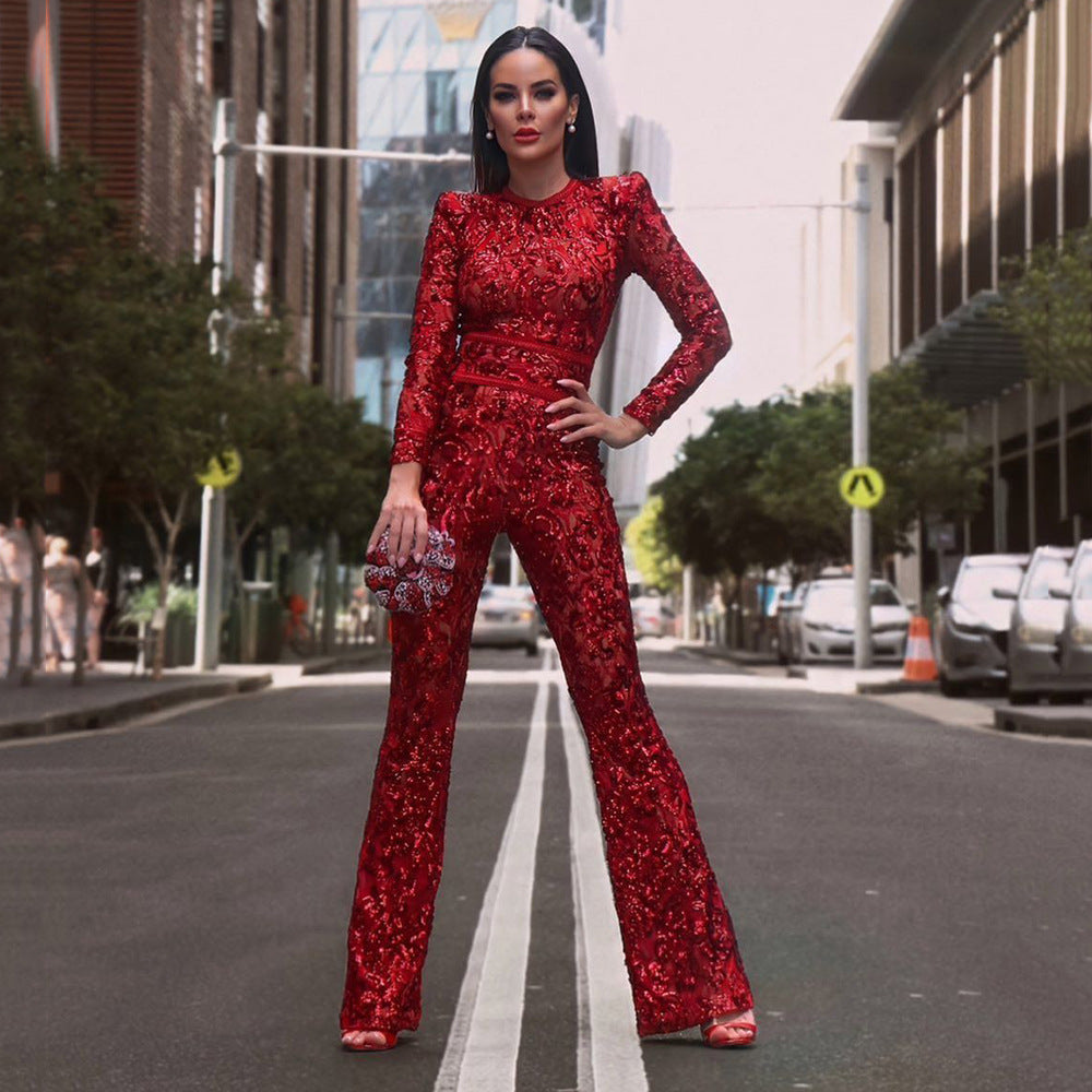 Lace Transparent Long Sleeve Skinny Fit Women's Flared Leg Formal Party Jumpsuit