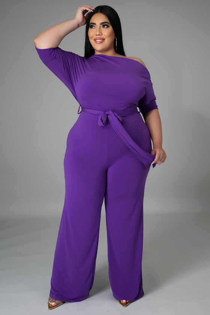 One-Shoulder O-Neck Asymmetrical Short Sleeve Solid Color Women's High Waist  Jumpsuit to 5X Plus Size