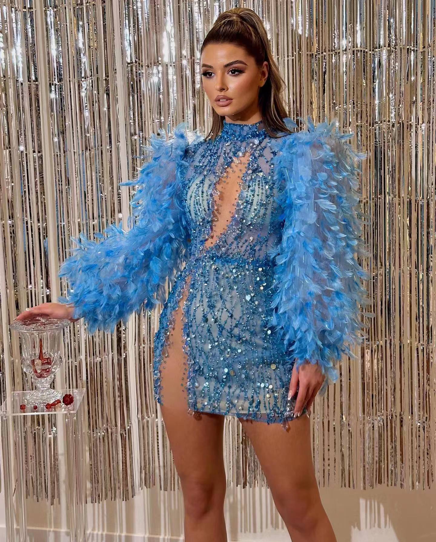 Sequin Light Blue Hollow-Out Feather Embellished Lantern Sleeve High Slit Formal Mini Dress