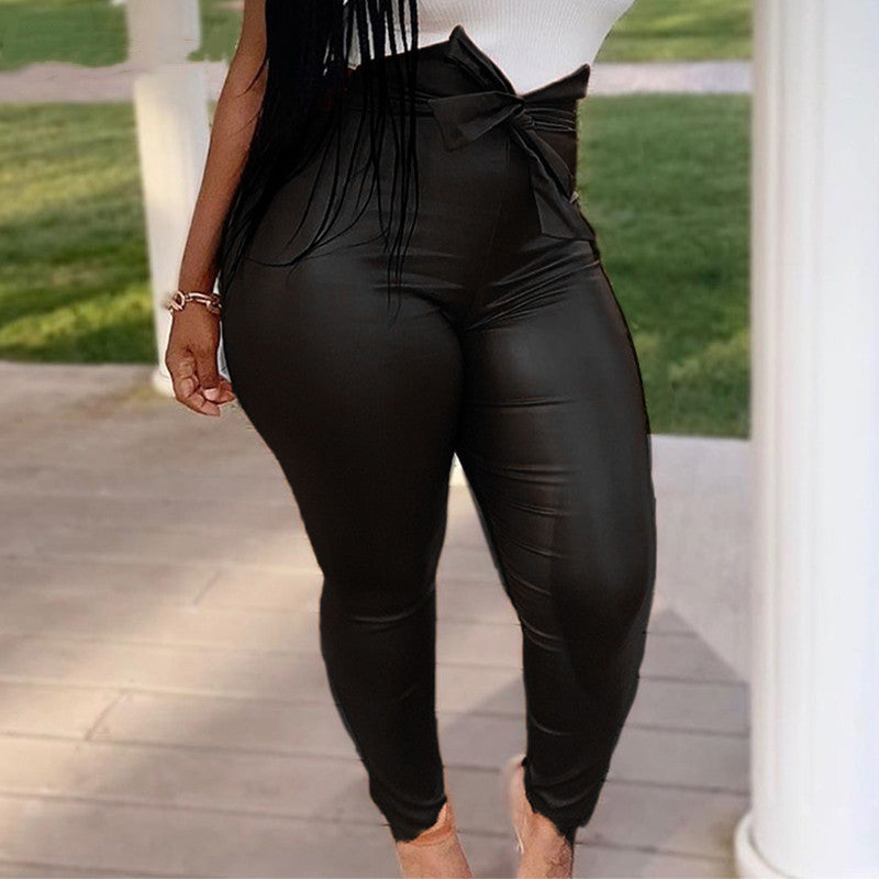 Lace-Up Solid Color Women's PU Leather Pants to 4X Plus Size