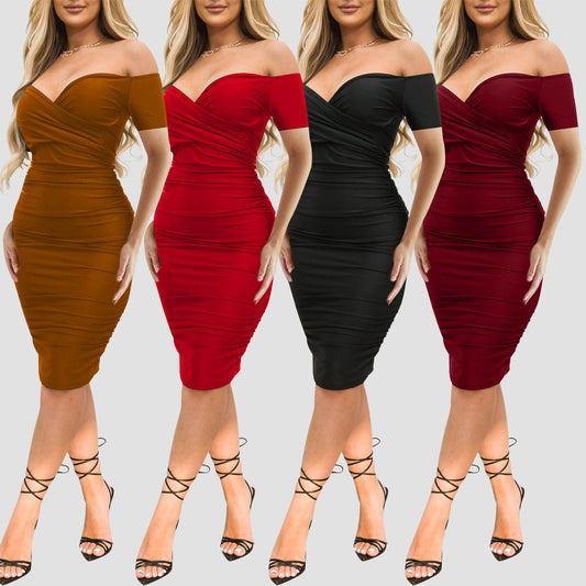 Off-the-Shoulder V-Neck Solid Color Shoulder Ruched Midi Bodycon Club Party Dress