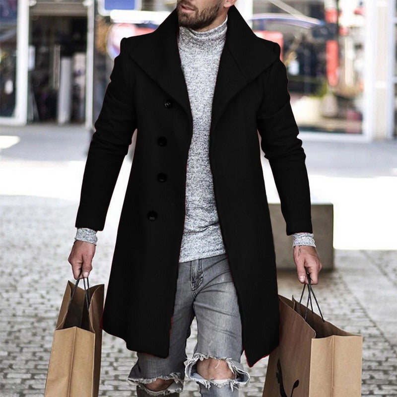 Men's Plaid/Solid Color Turn-Down Collar Button-Up 3/4 Length Pea Coats