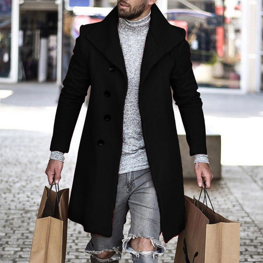 Men's Plaid/Solid Color Turn-Down Collar Button-Up 3/4 Length Pea Coats