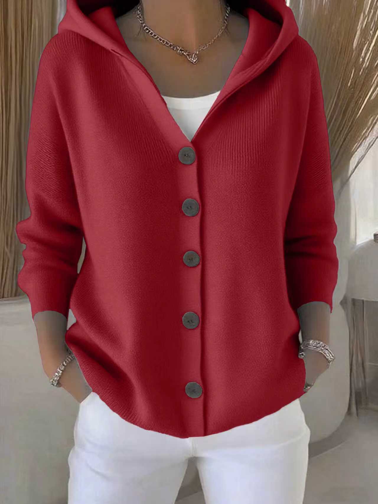 Button-Up Solid Color Knitted Women's Hoodie Cardigan Sweater to 5X Plus Size
