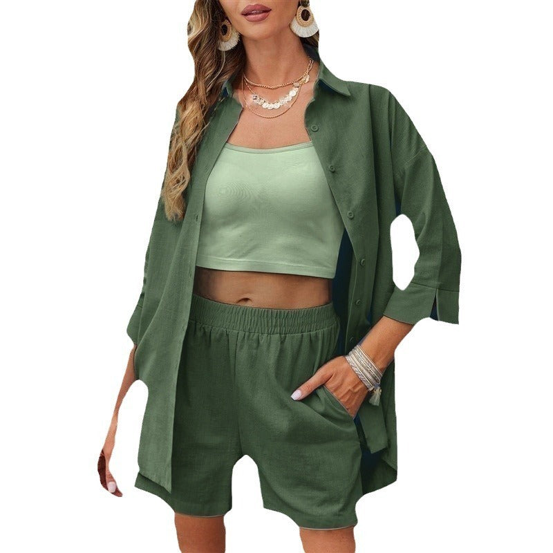 Solid Color Women's Casual 1/2 Sleeve Button-Up Women's Blouse + Elastic Waist Shorts 2-Piece Set