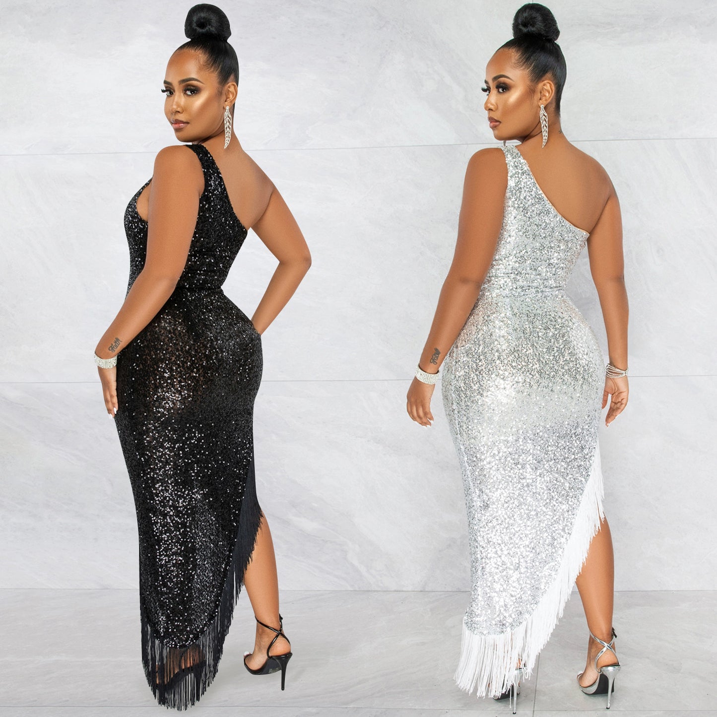 Sequins Diagonal Collar One Shoulder Irregular Slit Tassel Maxi Dress