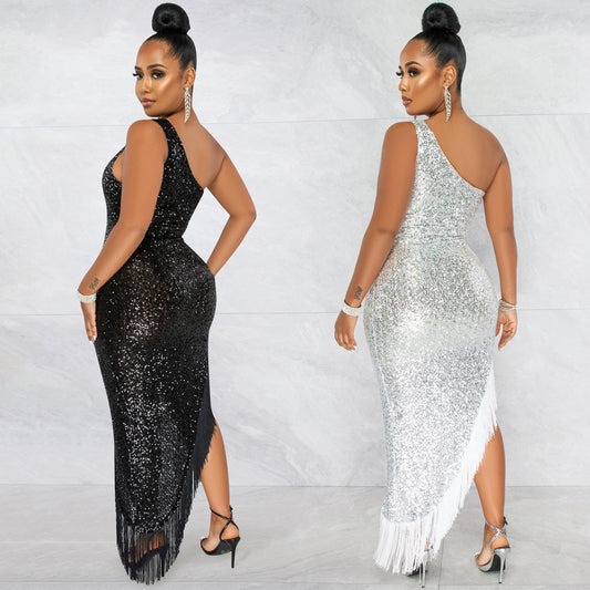 Sequins Diagonal Collar One Shoulder Irregular Slit Tassel Maxi Dress