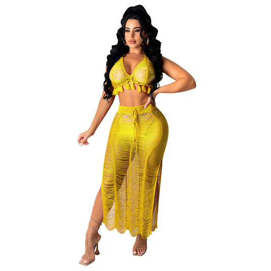 Transparent Hollow-Out Tassel Fringe Design Bikini Top+ Sheer Fringe Maxi Beach Skirt Women's 2-Piece Set