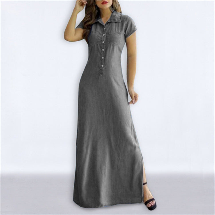 Denim Button-Up Short Sleeve Maxi Jean Dress to 5X Plus Size